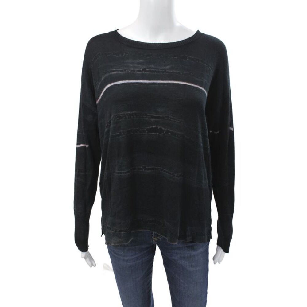 Match Womens Black Striped Pullover Sweater Round Neck Long Sleeve Size 1